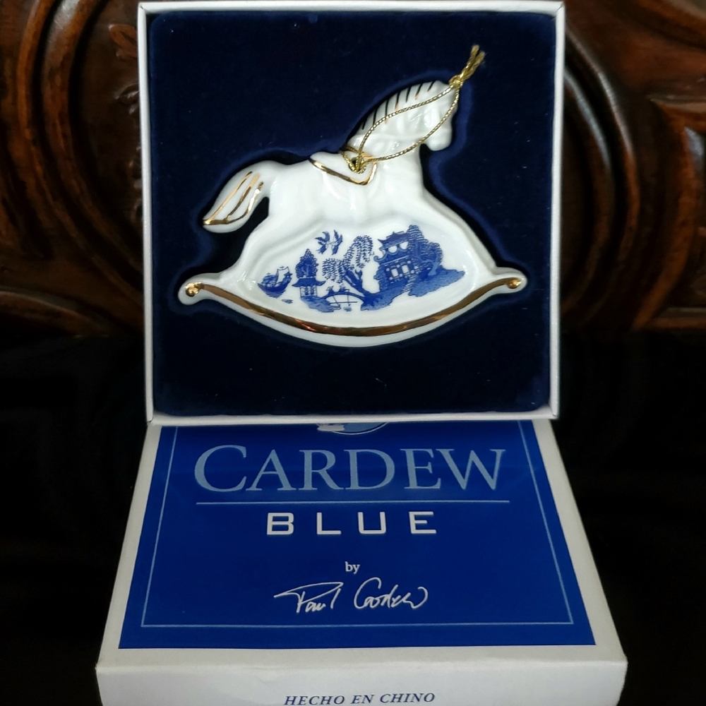 1999 Porcelain Cardew Blue Rocking Horse Pot 3" Ornament Gold Accent Boxed